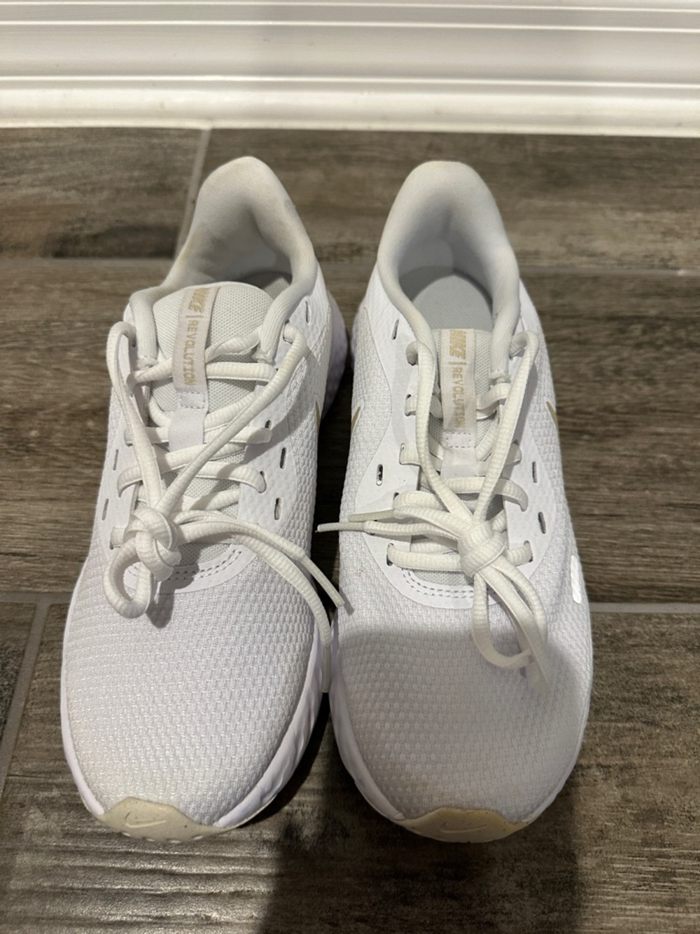 Nike Revolution White Lightweight Mesh Sneakers With Tan/Gold Swoosh